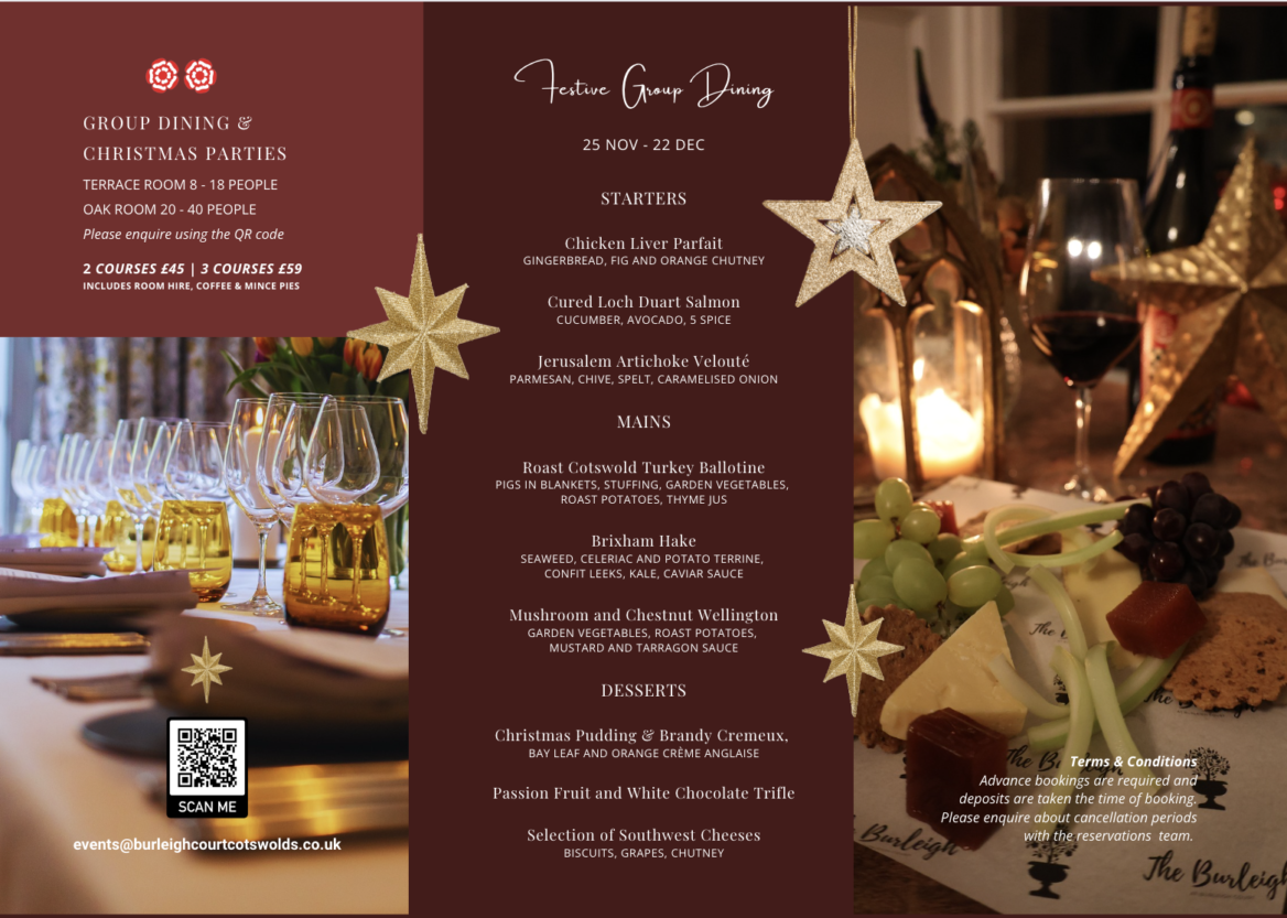 Festive group dining and christmas parties at burleigh court cotswodls
